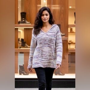 Eddie Bauer Women's Westbridge Knit Hooded V-Neck Sweater in Multicolor Yarn M